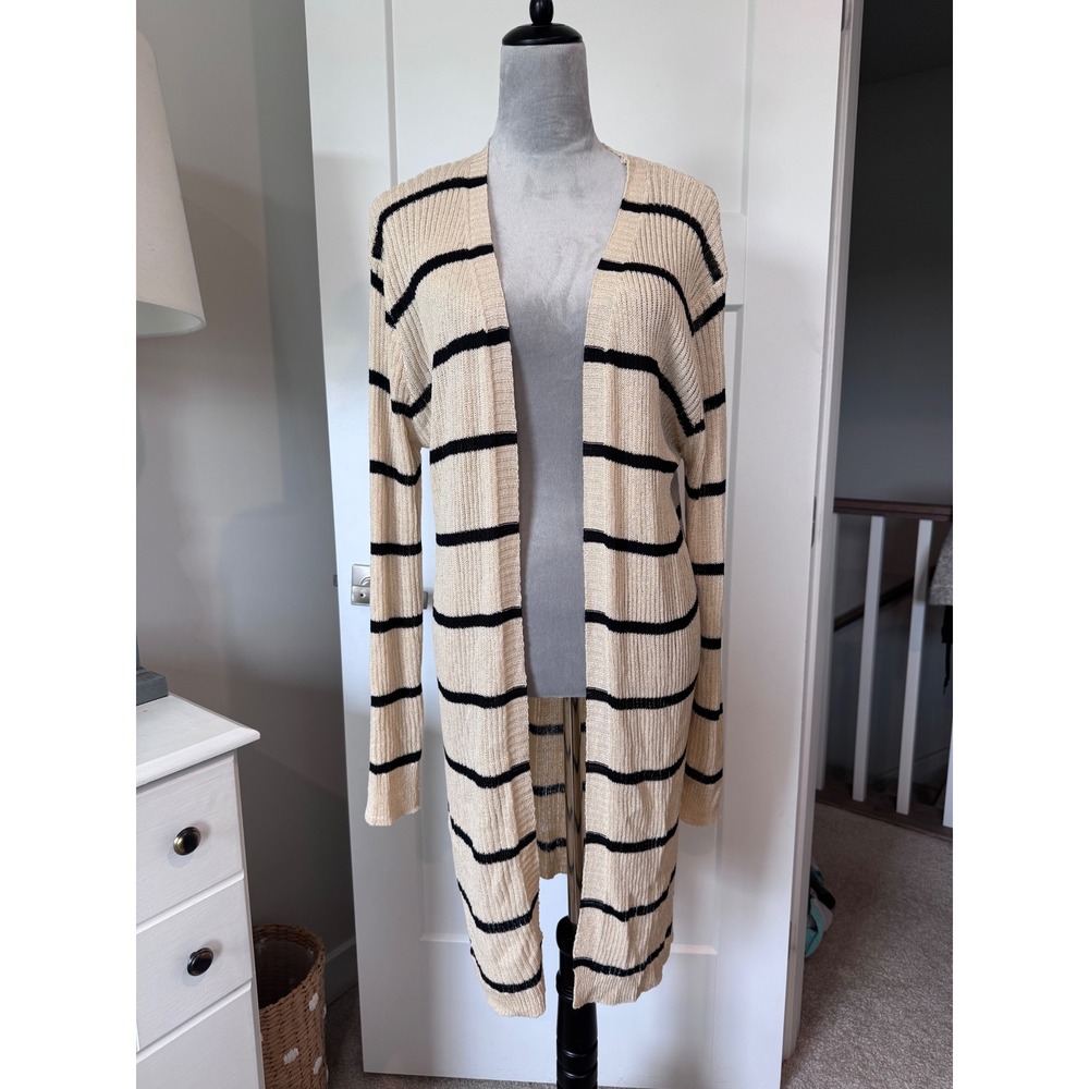 Doe & Rae Cream Black Striped Longline Ribbed Knit Open Front Duster Cardigan L